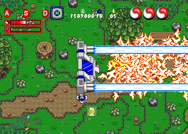 A robotic fighter fires oversized laser lightning cannons in an otherwise medieval themed area.