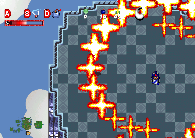 A knight mage boss at the top of a tall tower creates a spiral of explosions.