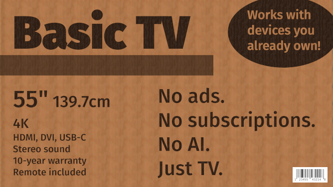 A rendering of the Basic TV's cardboard packaging.