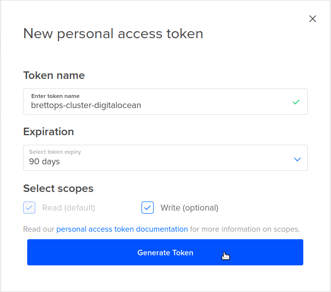 New personal access token dialog box.