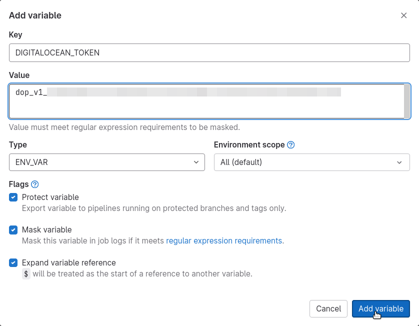 GitLab CI/CD Add variable dialog box populated with values.