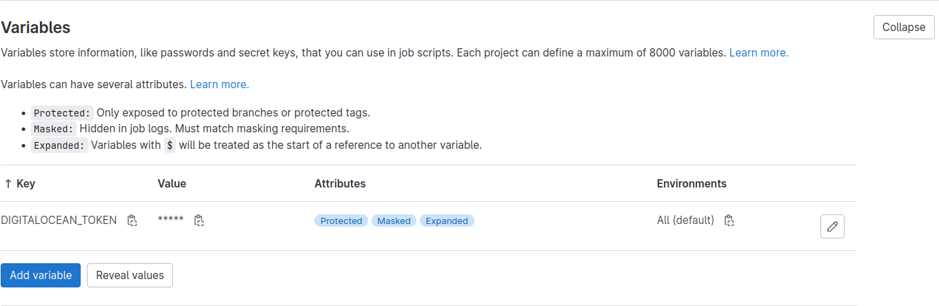 The Variables section now sporting your DigitalOcean token.