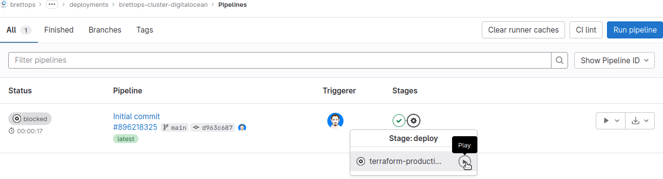 Click the manual terraform-production-apply pipeline job to deploy to production.