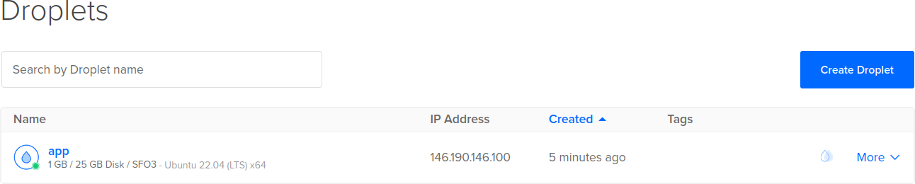 The droplet list page in DigitalOcean.