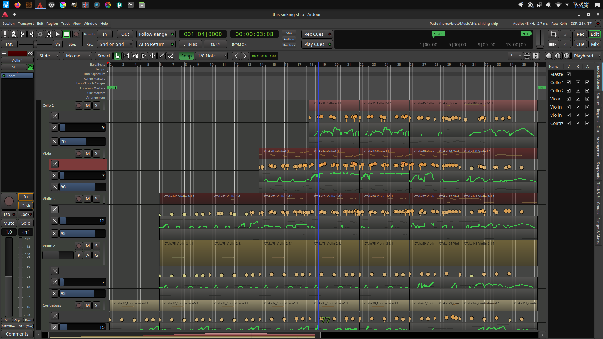 A screenshot ot today's Ardour session, showing lots of control data on every channel.